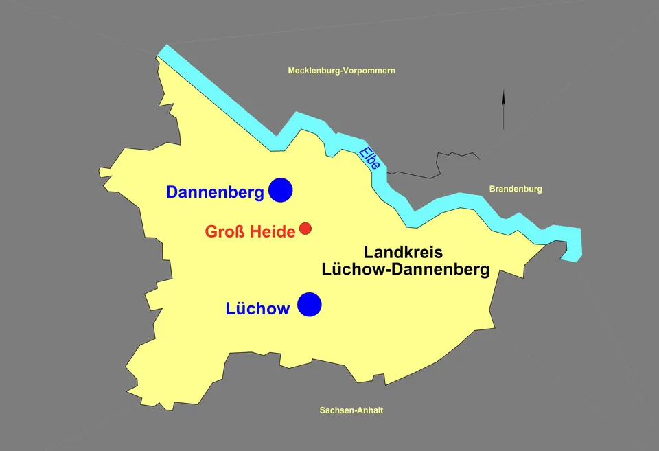 Karte des Landkreises Lüchow-Dannenberg mit Elbe und Lage der Ferienwohnung